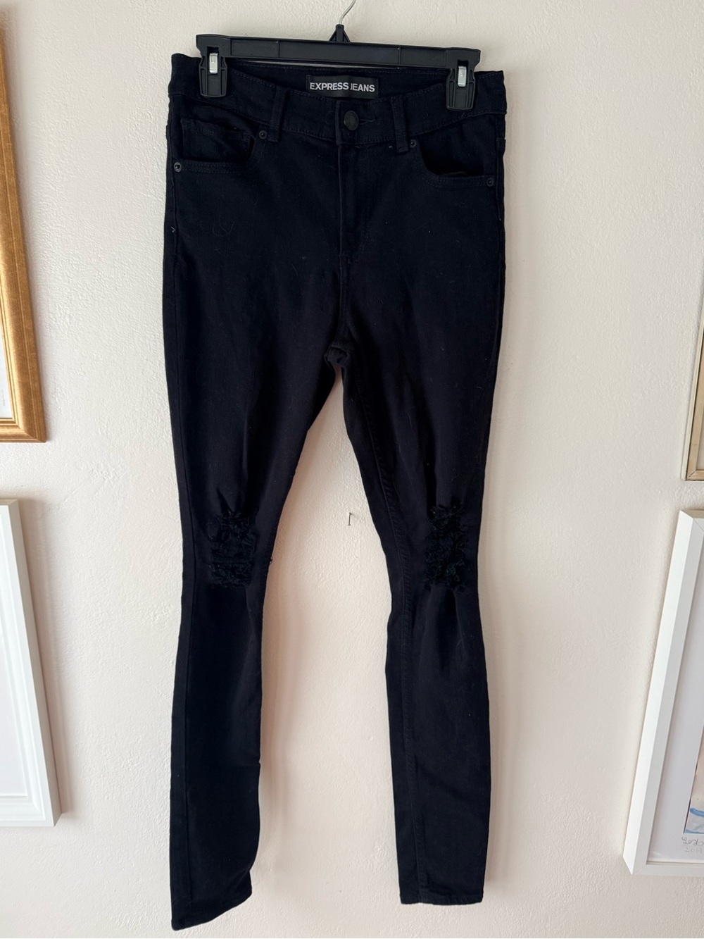 Express Black Skinny Jeans with Knee Distress